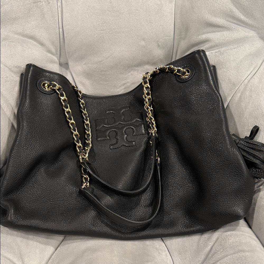 Black Leather Tory Burch Tote Bag with Chain Straps